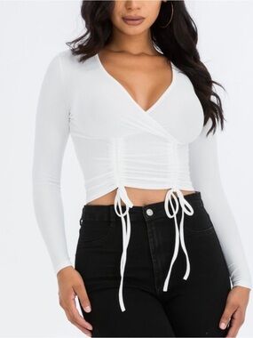 NWT- PARISIAN Women's White Ribbed Drawstring Wrap Long Sleeve Crop Top